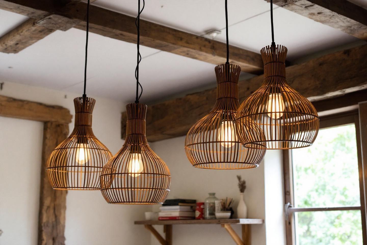 Quatre lampes en rotin tress&eacute; suspendues &agrave; des poutres en bois