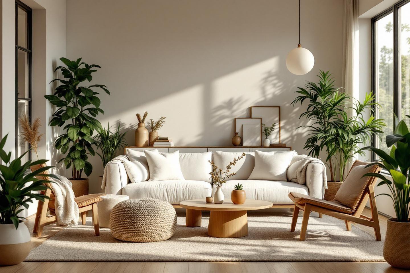 Int&eacute;rieur moderne avec canap&eacute; blanc, plantes et mobilier bois