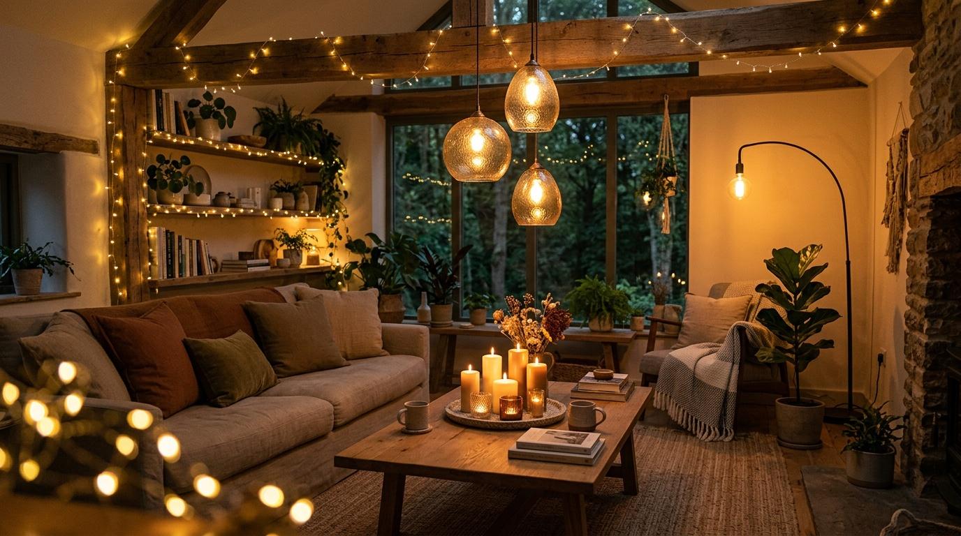 Salon moderne avec guirlandes lumineuses, plantes et bougies