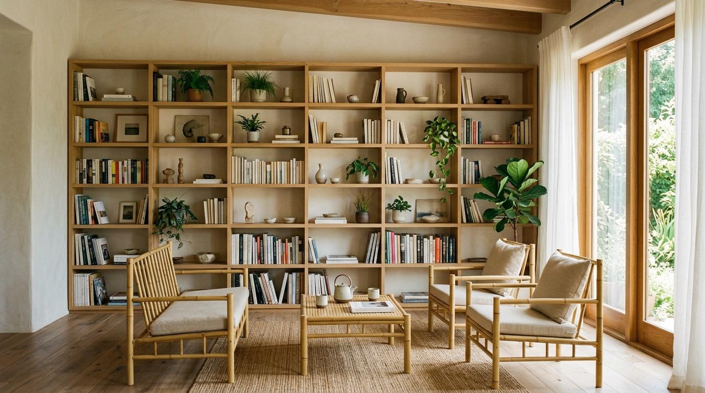 Salon lumineux avec bibliothèque bois, fauteuils et plantes vertes