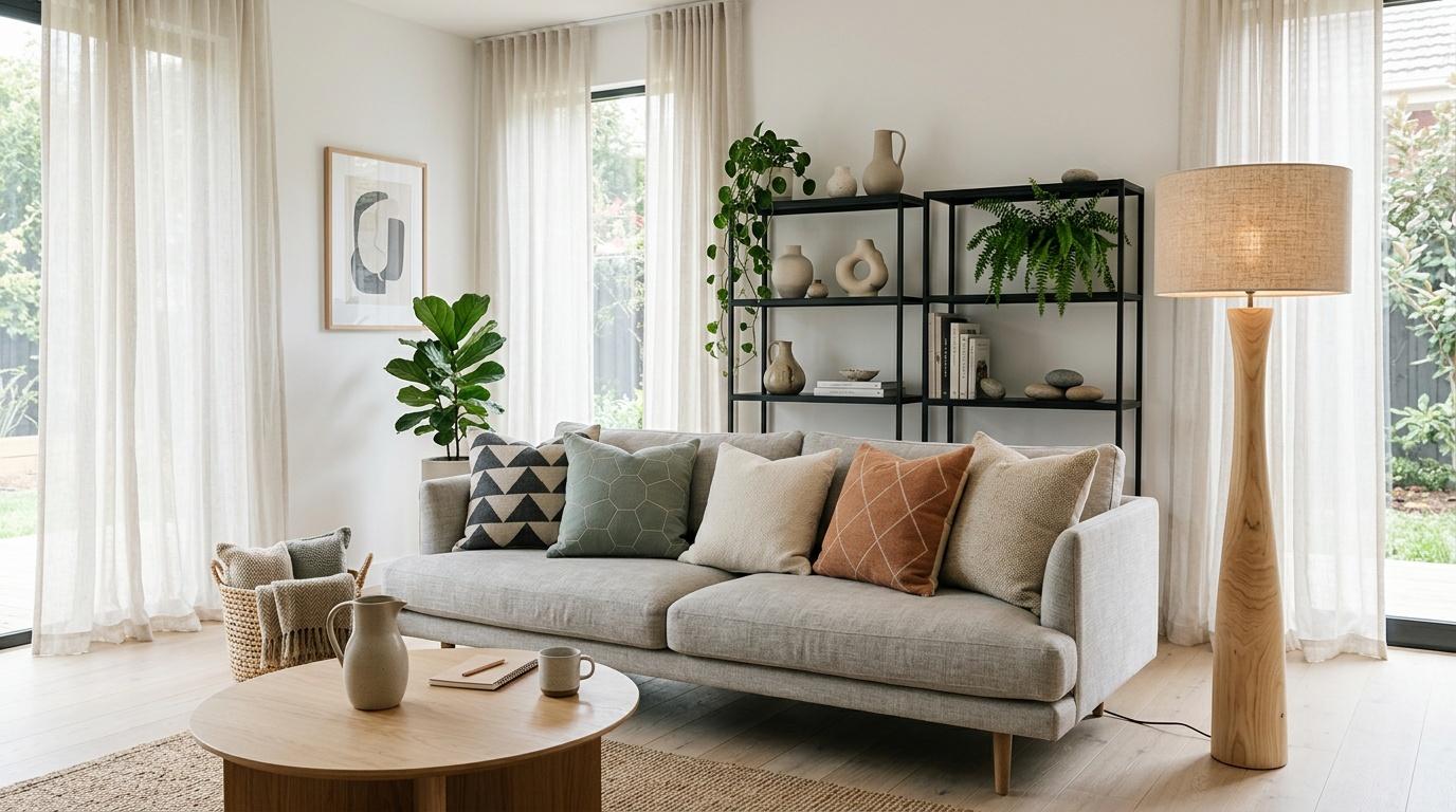 Salon contemporain avec canapé gris, étagères noires et plantes vertes