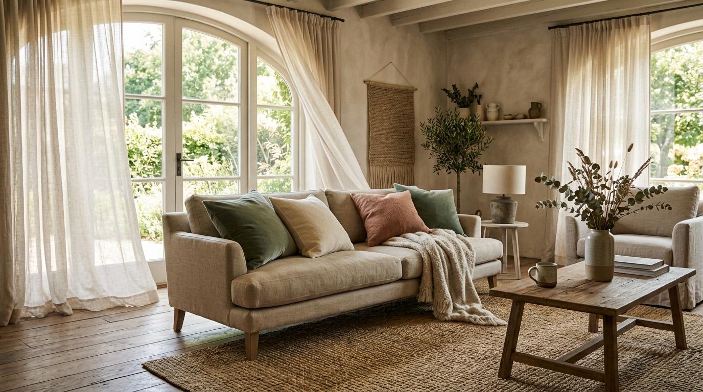 Salon contemporain avec canapé beige, baies vitrées et décoration végétale