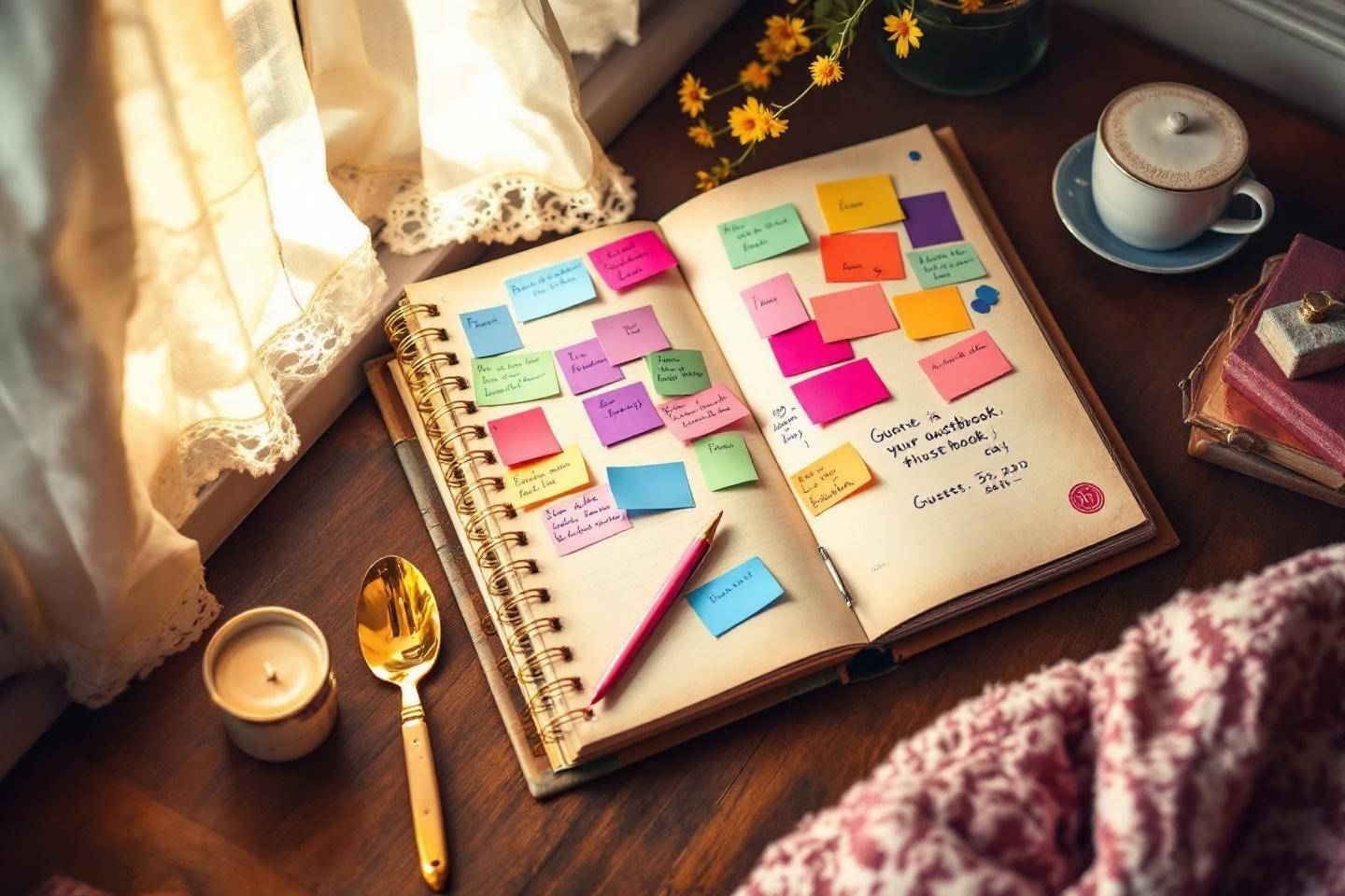 Carnet ouvert avec post-it color&eacute;s, bougie et tasse de caf&eacute;