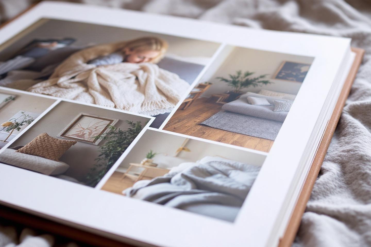 Album ouvert montrant des photos de salon et de d&eacute;tente