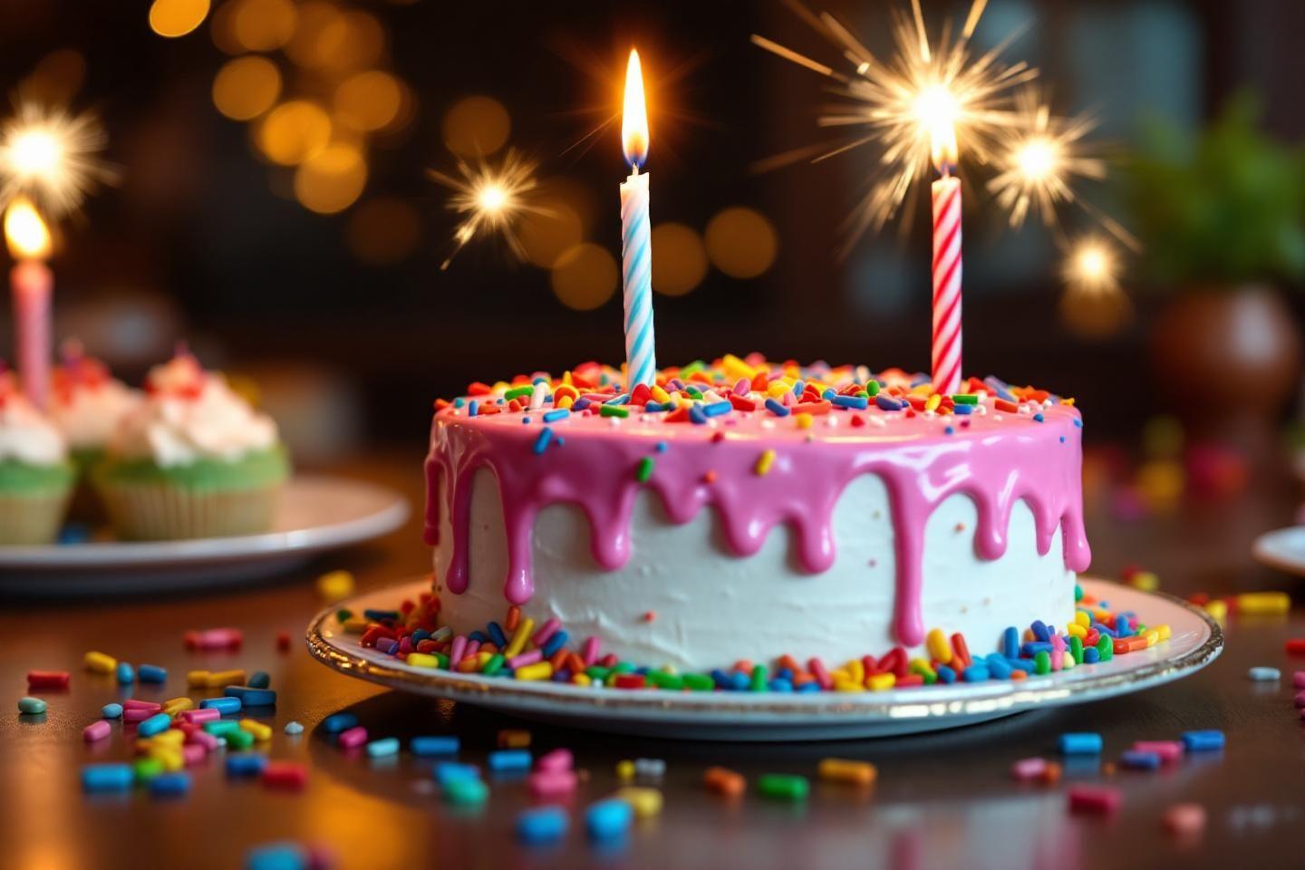 G&acirc;teau blanc avec gla&ccedil;age rose, bougies et confettis multicolores