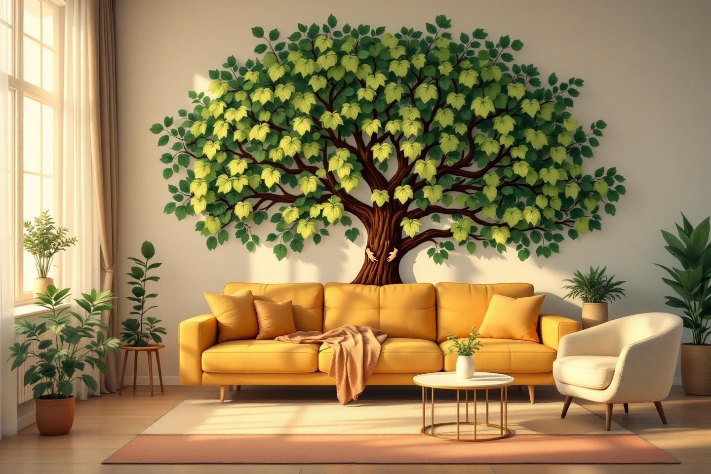 Salon confortable avec canap&eacute; jaune et grand arbre d&eacute;coratif
