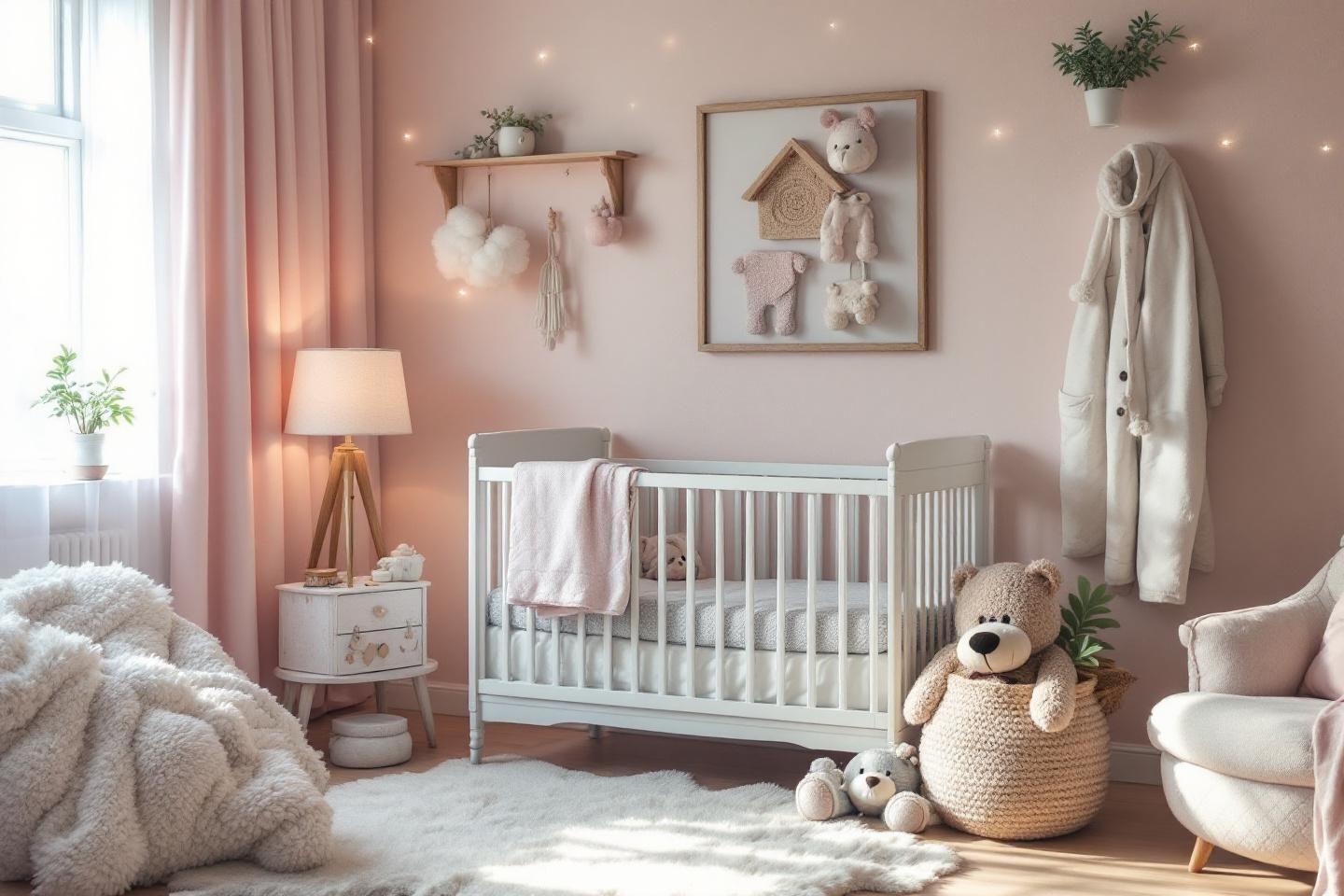 Int&eacute;rieur chaleureux d'une nurserie avec lit blanc et jouets