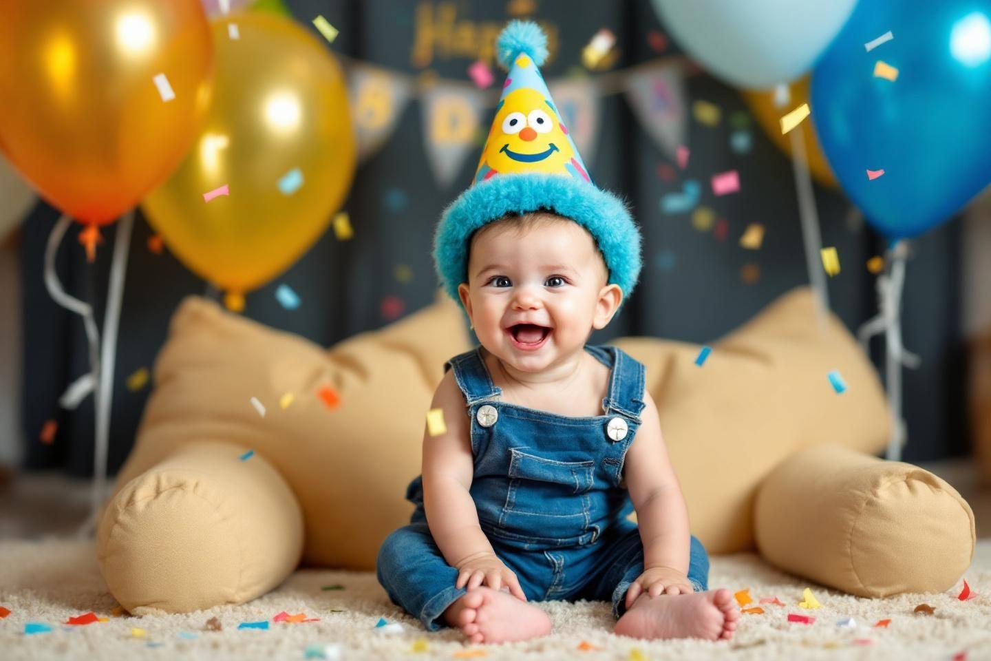 Enfant souriant avec chapeau d'anniversaire entour&eacute; de ballons color&eacute;s