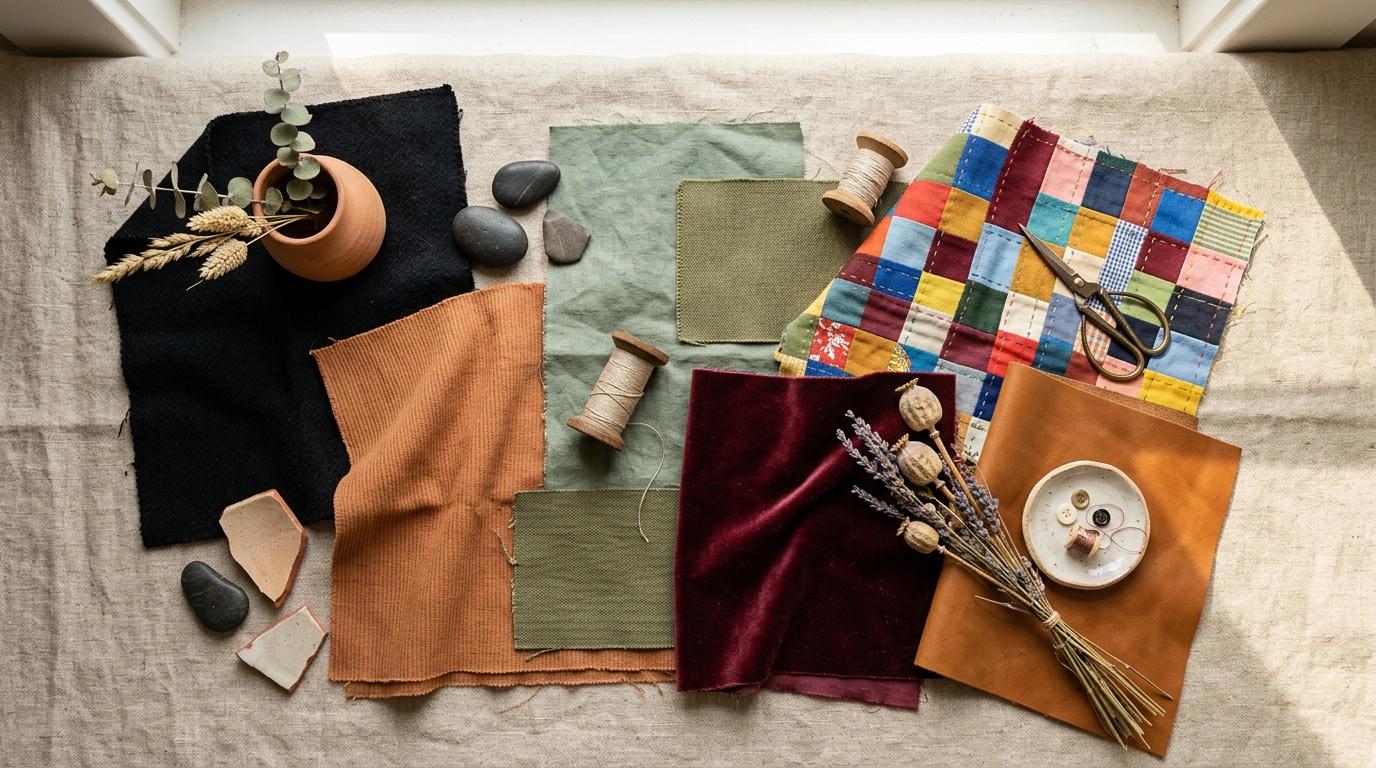Collection de tissus color&eacute;s, fils, pierres et accessoires de couture
