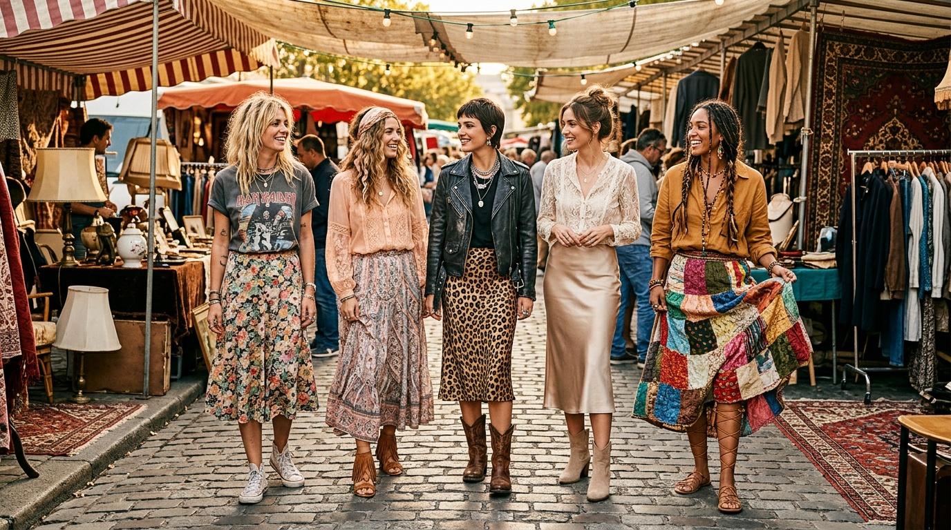 Cinq femmes marchent ensemble dans un march&eacute; vintage color&eacute;