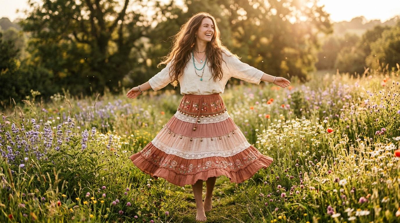 Femme souriante dansant dans champ de fleurs sauvages