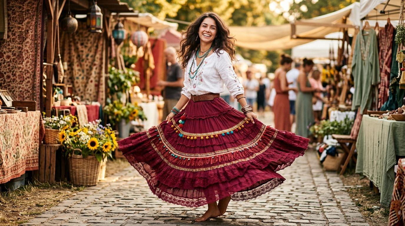 Femme en jupe traditionnelle dansant au march&eacute; color&eacute;