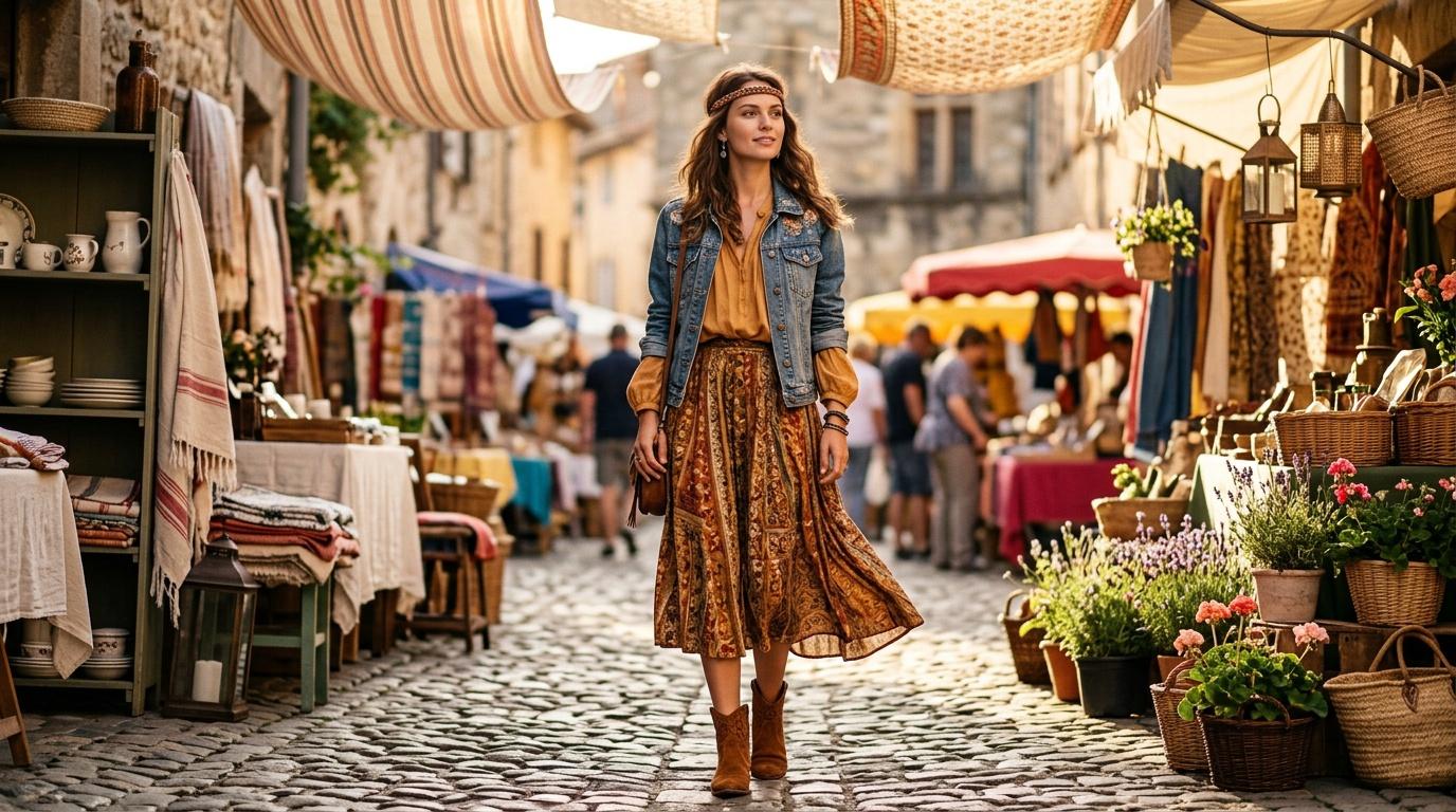 Femme boh&egrave;me marchant dans une rue pav&eacute;e historique avec march&eacute; artisanal