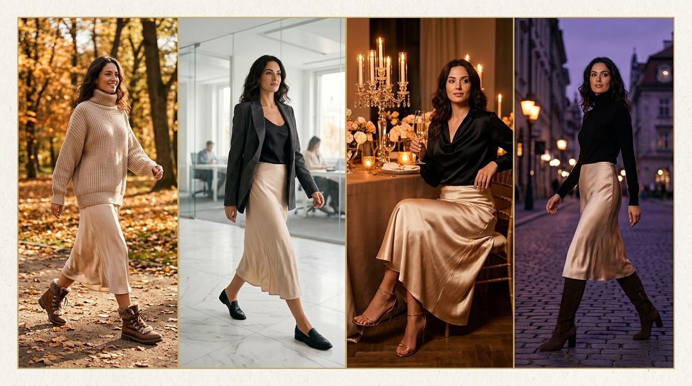 Femme portant jupe midi beige dans quatre contextes diff&eacute;rents