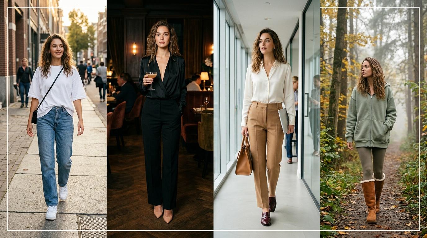 Quatre femmes portant diff&eacute;rents styles de v&ecirc;tements d&eacute;contract&eacute;s et &eacute;l&eacute;gants