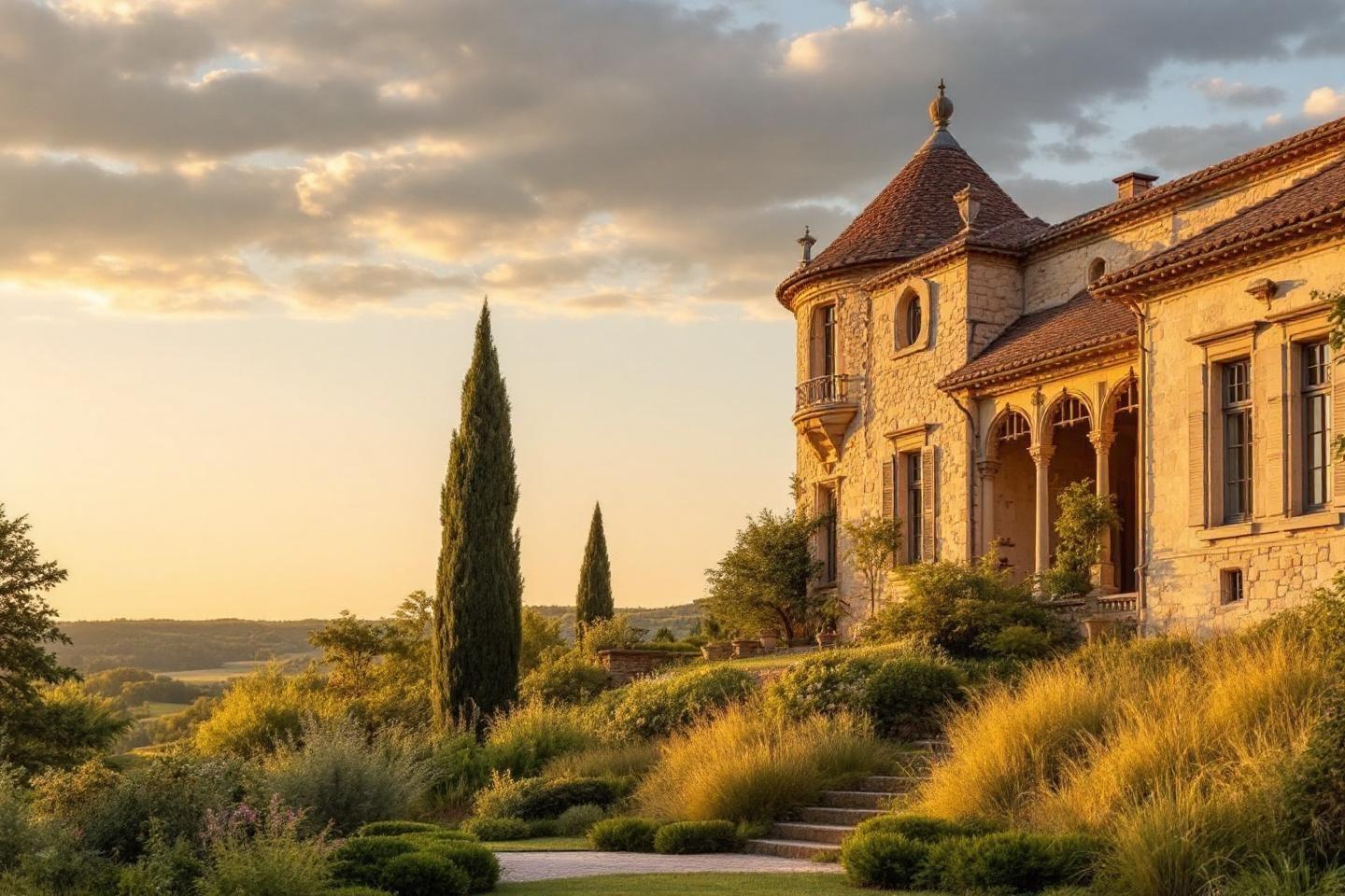 B&acirc;tisse en pierre avec cypr&egrave;s, lumi&egrave;re dor&eacute;e sur paysage