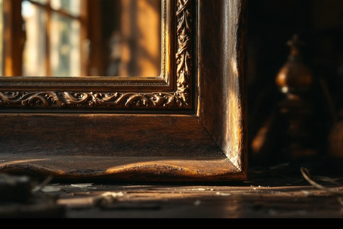 D&eacute;tail d'un cadre en bois ornement&eacute; avec reflets dor&eacute;s