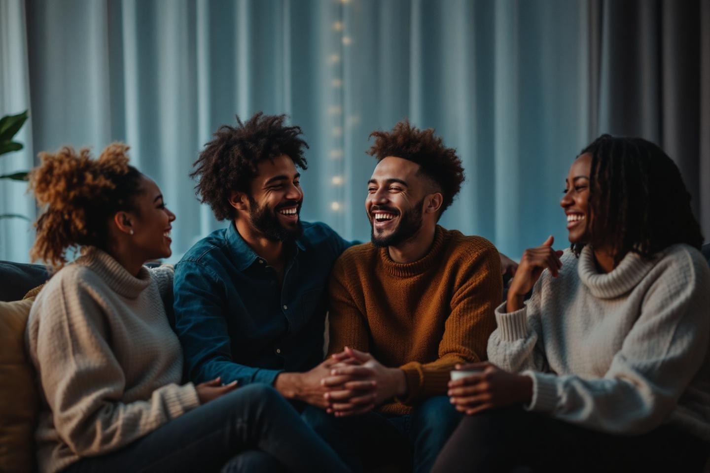 Groupe d'amis souriants assis sur un canap&eacute; dans une ambiance cosy