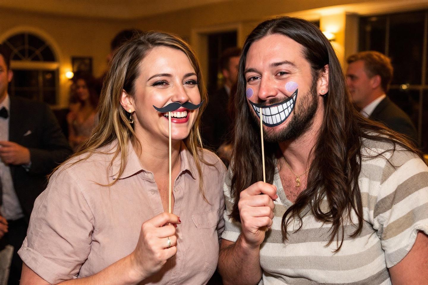 Deux personnes avec des moustaches et des sourires sur b&acirc;tons