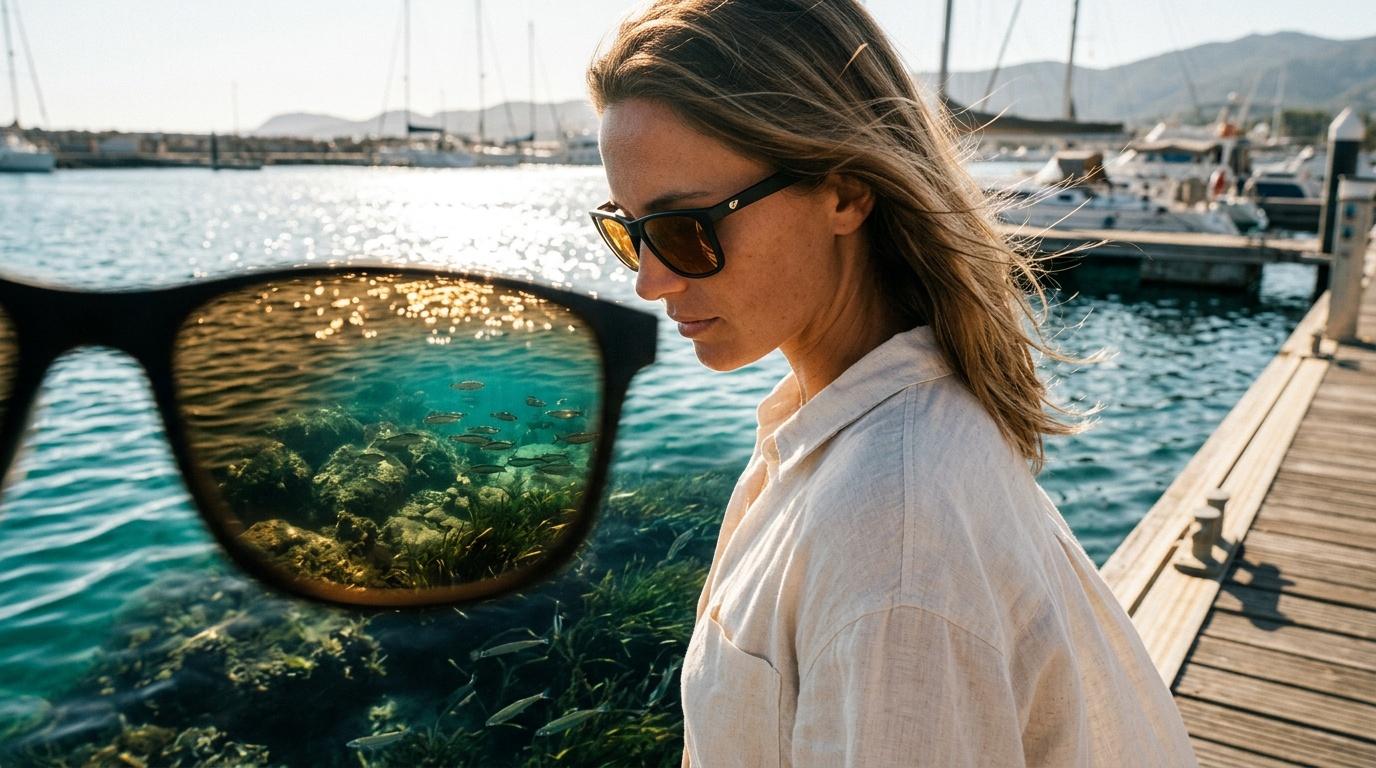 Femme avec lunettes de soleil polaris&eacute;es observant la vie sous-marine