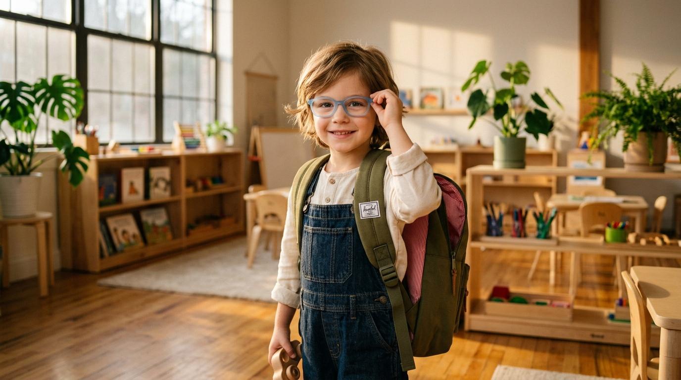 Jeune enfant souriant avec lunettes et sac à dos en classe