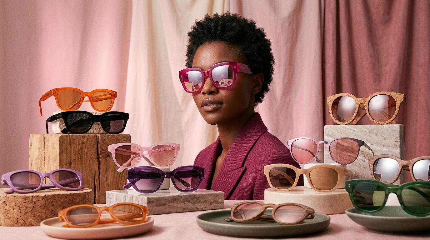 Femme portant des lunettes roses entour&eacute;e de lunettes soleil vari&eacute;es