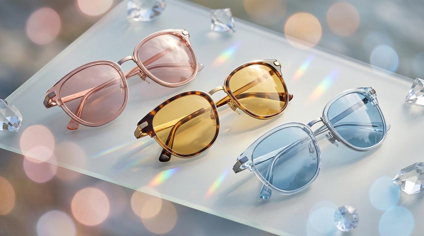 Trois paires de lunettes rondes avec verres rose, jaune et bleu