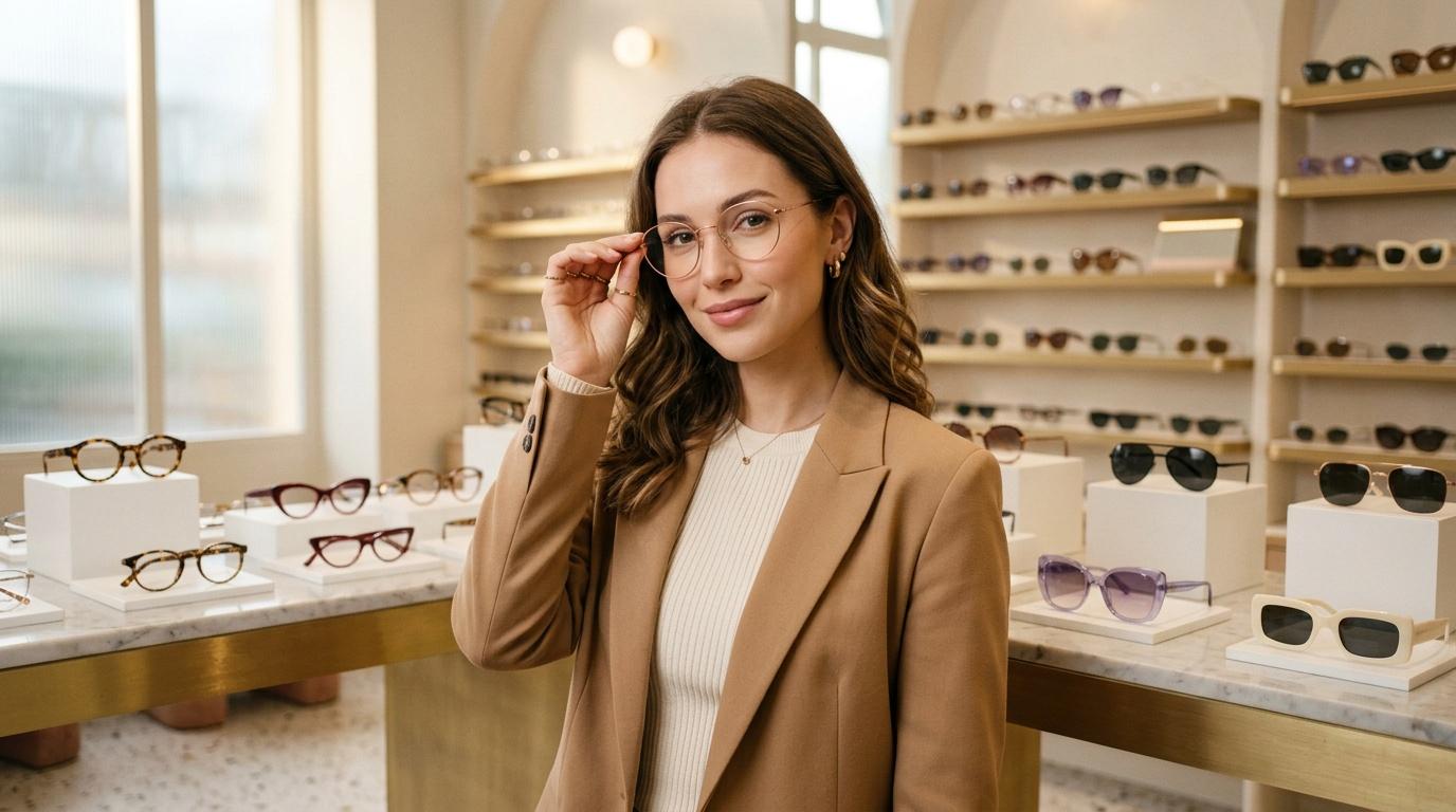Femme en blazer camel essayant des lunettes dans un magasin