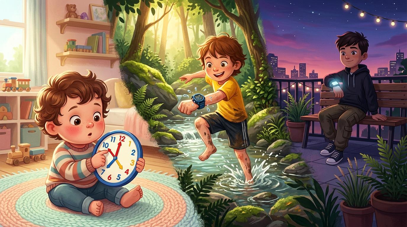 Trois enfants à différents âges explorant la nature et l'imaginaire