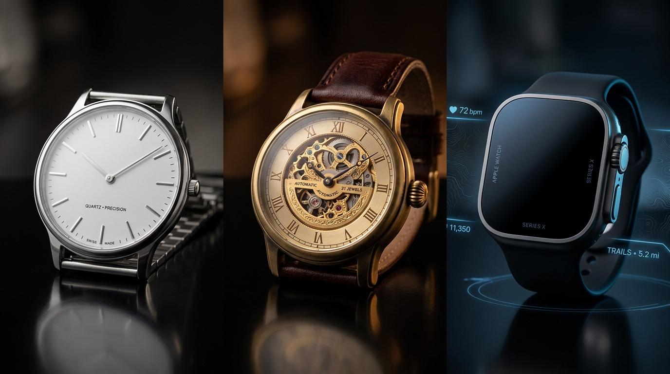 Trois montres: m&eacute;canique classique, automatique dor&eacute;e, smartwatch moderne