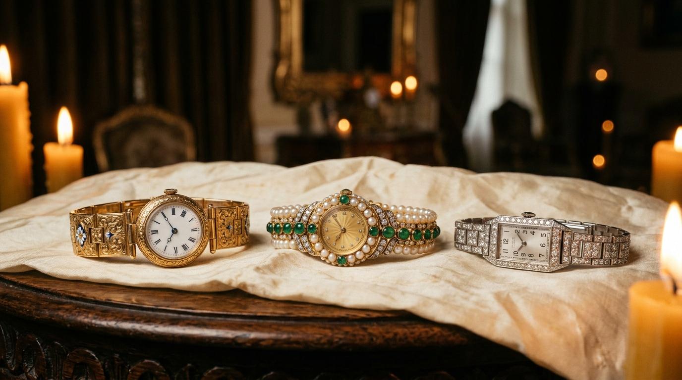 Trois montres anciennes luxueuses expos&eacute;es sur tissu blanc, bougies allum&eacute;es