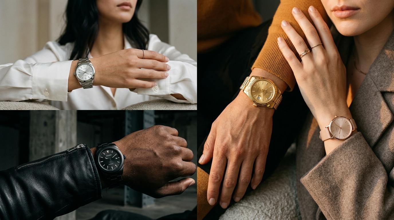 Quatre personnes portant diff&eacute;rentes montres de luxe et &eacute;l&eacute;gantes