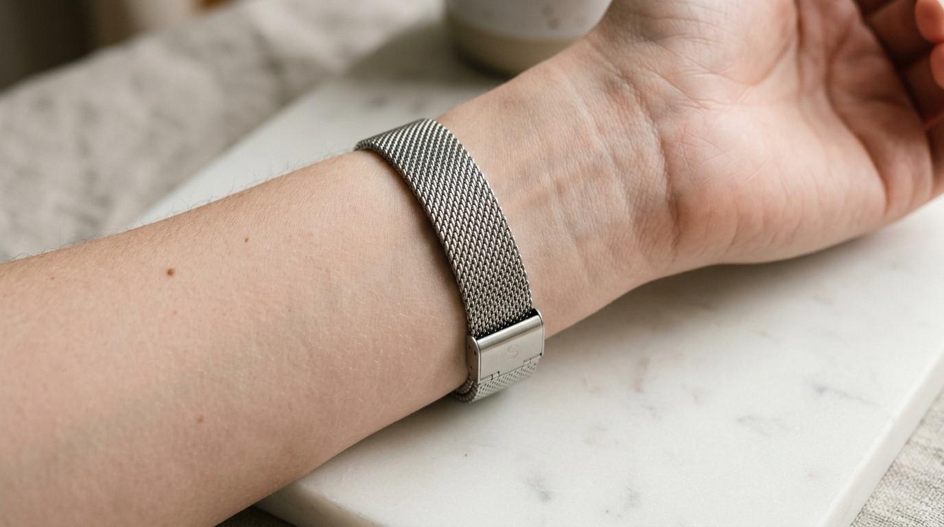 Poignet portant un bracelet maille m&eacute;tallique argent&eacute; avec fermoir