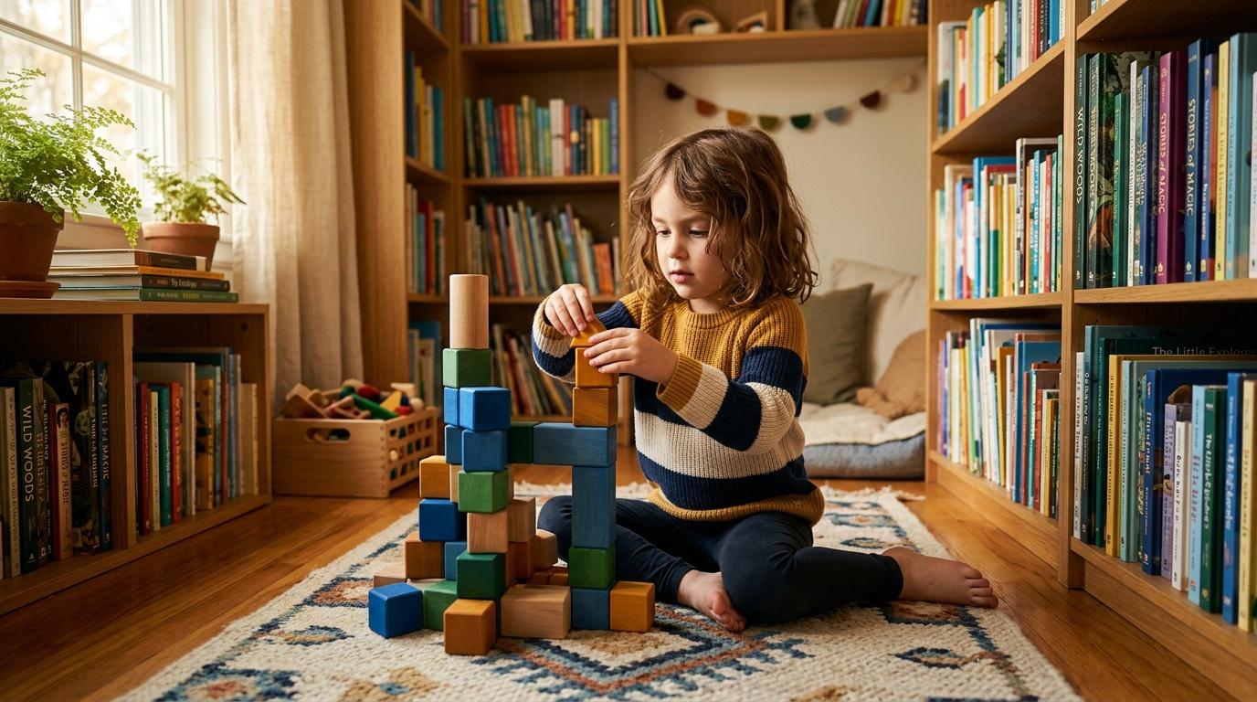 Jeune enfant construit une tour avec des blocs color&eacute;s dans une biblioth&egrave;que