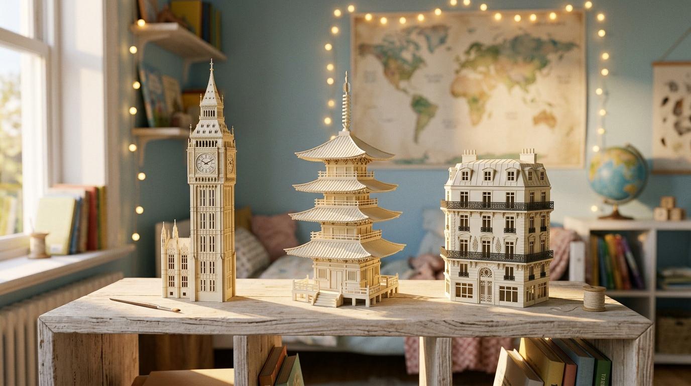 Trois maquettes de b&acirc;timents c&eacute;l&egrave;bres sur table en bois