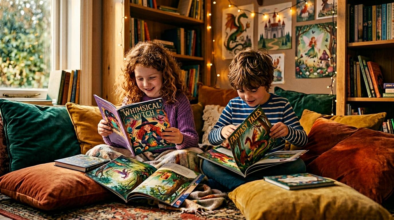 Deux enfants heureux lisent ensemble dans une biblioth&egrave;que chaleureuse