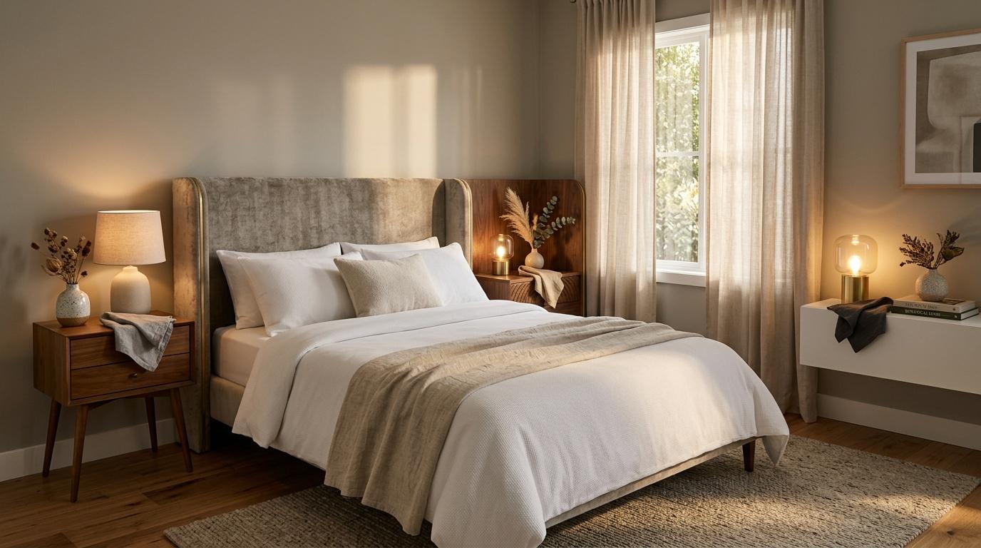 Chambre moderne avec lit gris, mobilier bois et lumi&egrave;re naturelle