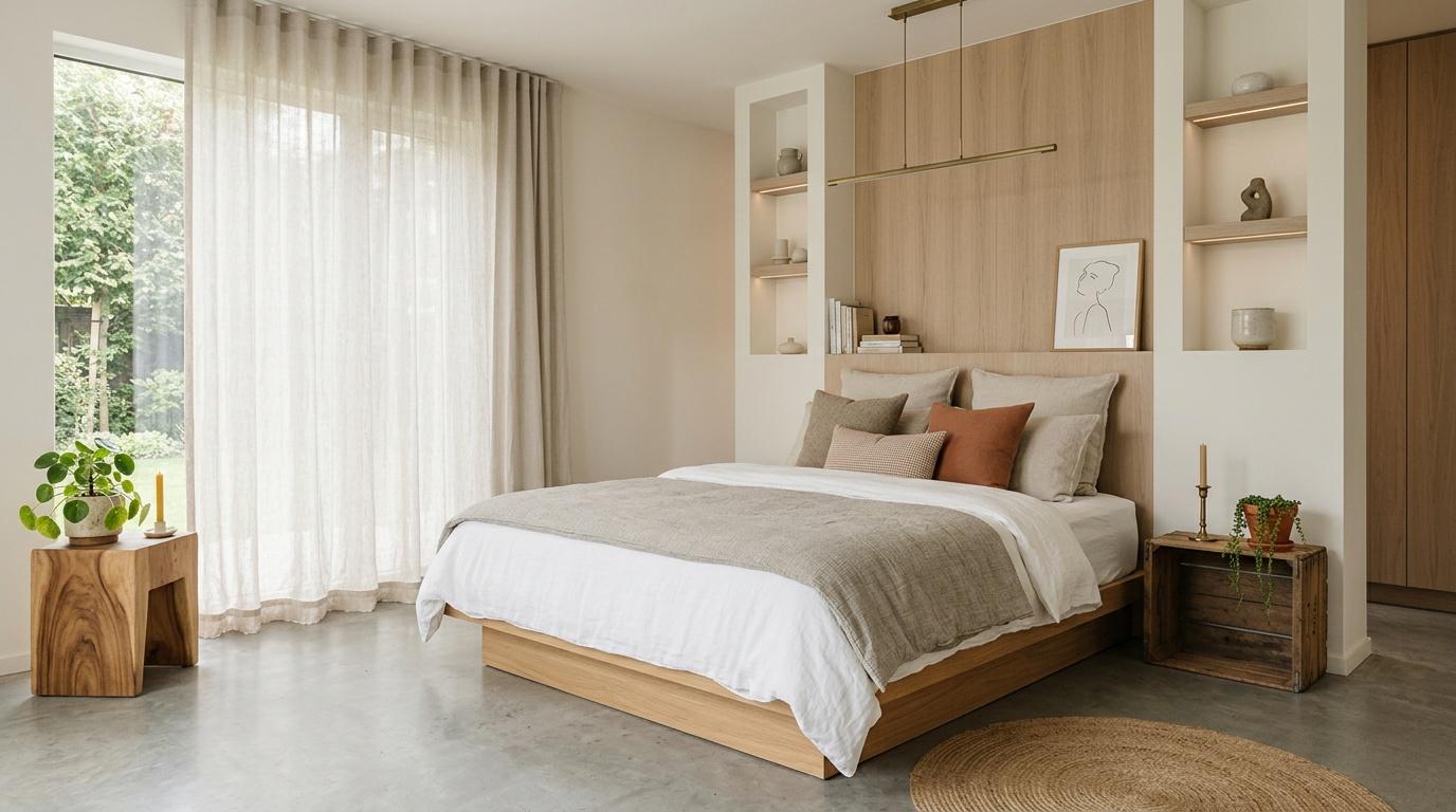 Chambre &eacute;l&eacute;gante avec lit bois, &eacute;tag&egrave;res int&eacute;gr&eacute;es et baies vitr&eacute;es