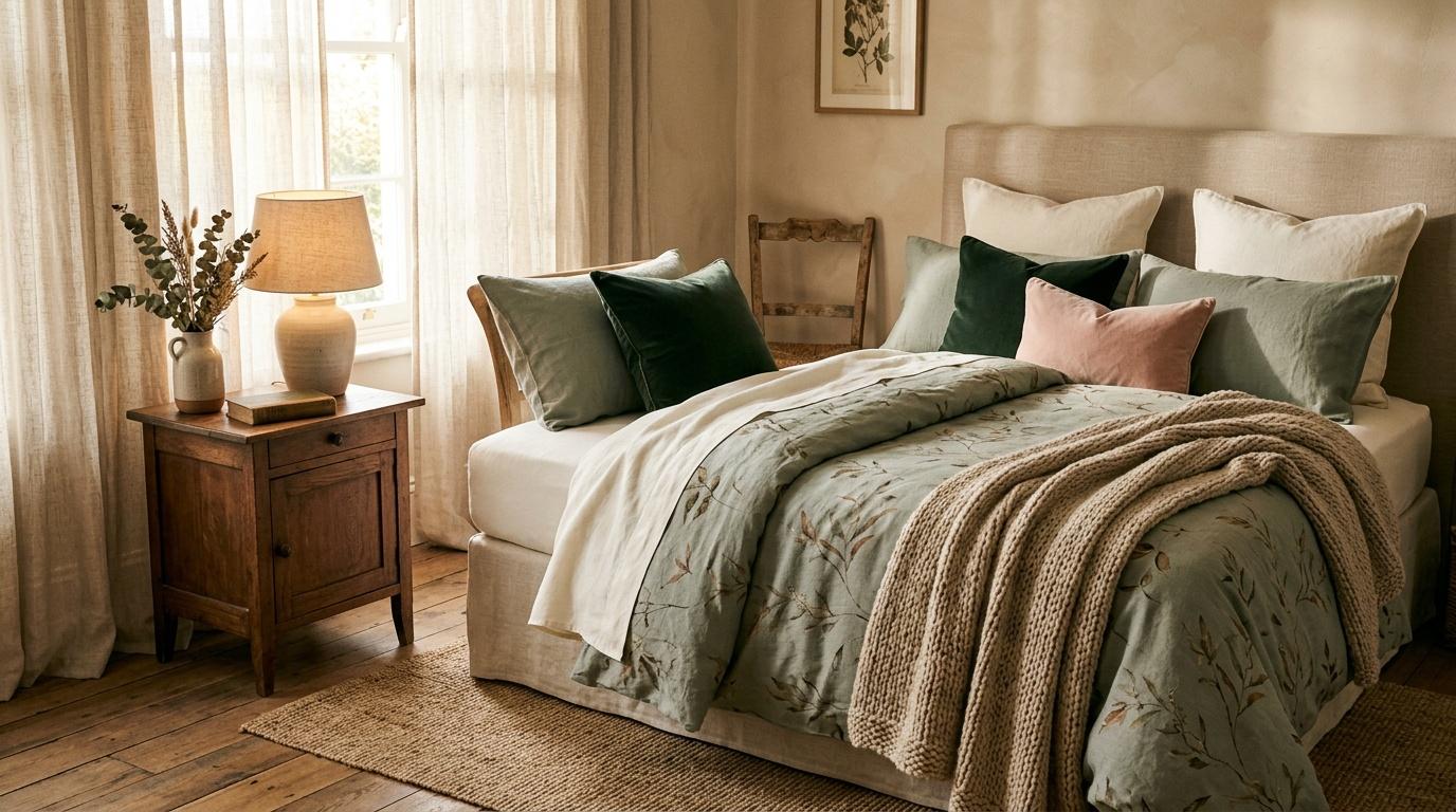 Chambre cosy avec lit beige, coussins verts et d&eacute;coration naturelle