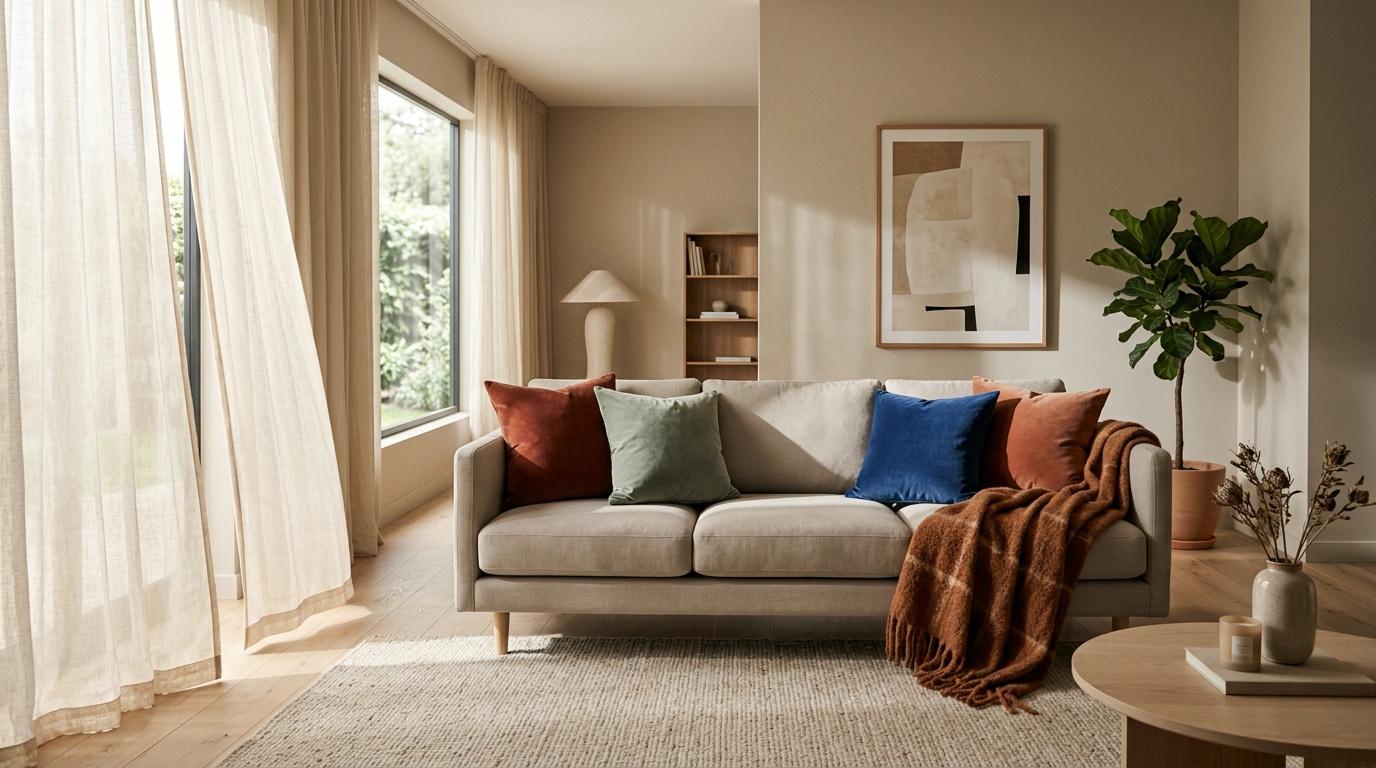 Salon contemporain avec canap&eacute; beige, coussins color&eacute;s et lumi&egrave;re naturelle