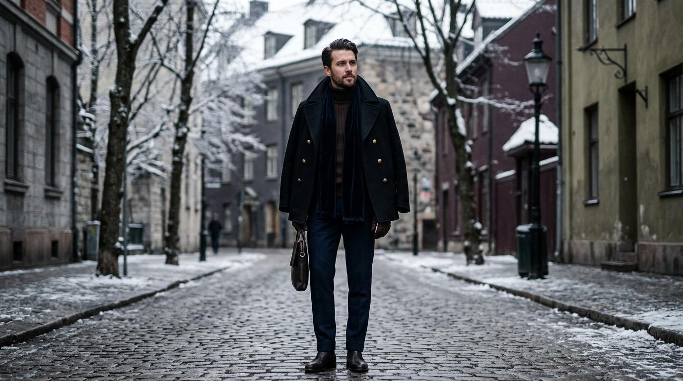 Homme en manteau noir dans rue pav&eacute;e enneig&eacute;e