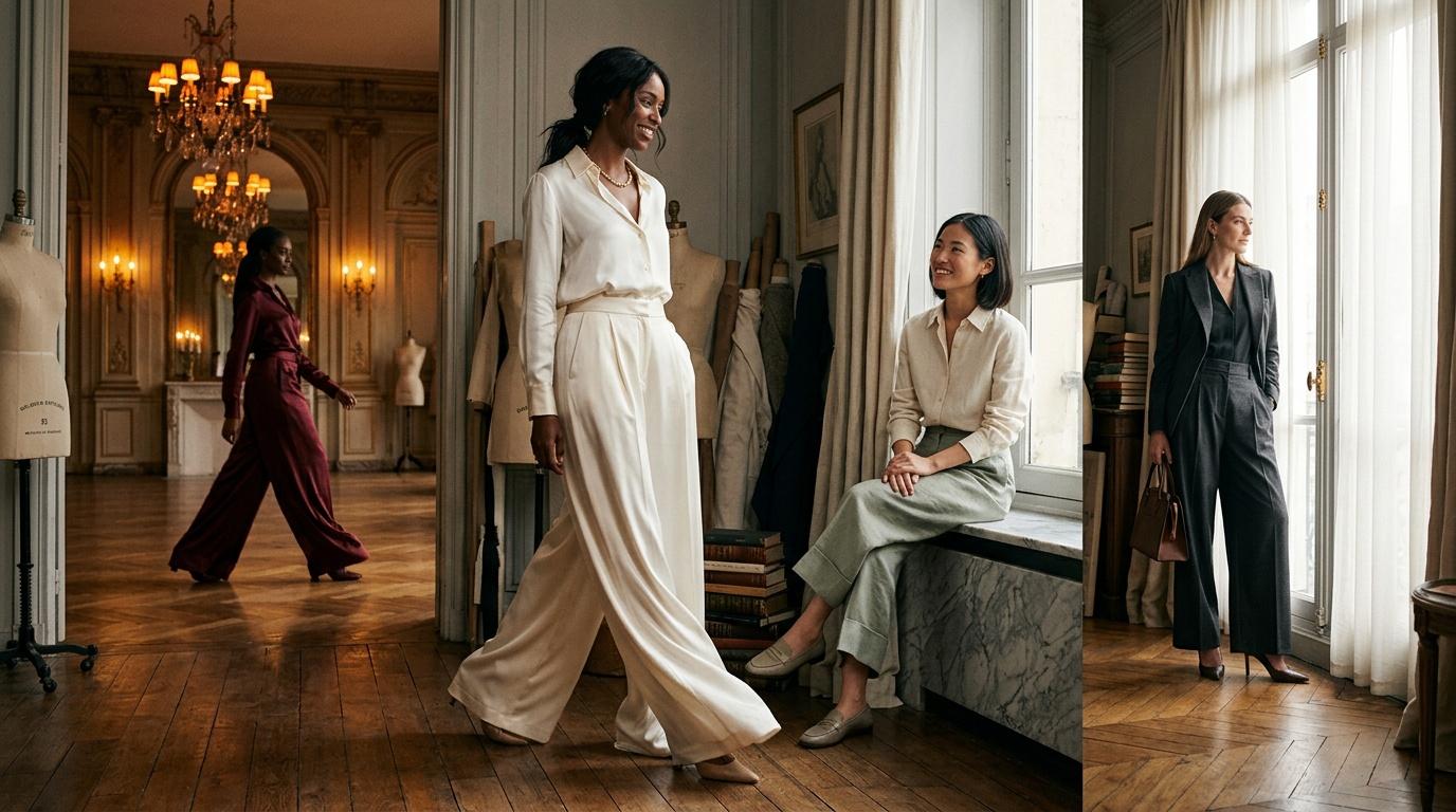 Quatre femmes pr&eacute;sentent des v&ecirc;tements &eacute;l&eacute;gants dans un salon luxueux