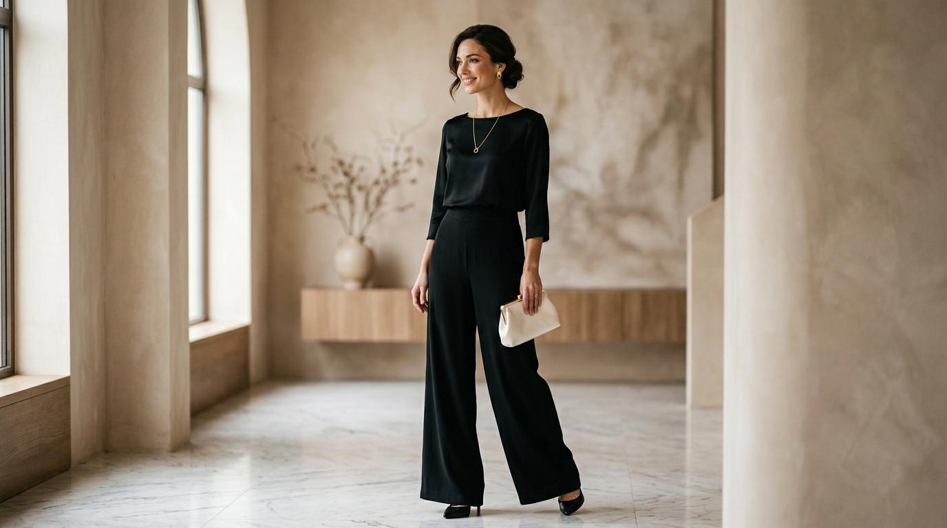 Femme en tenue noire &eacute;l&eacute;gante dans corridor lumineux