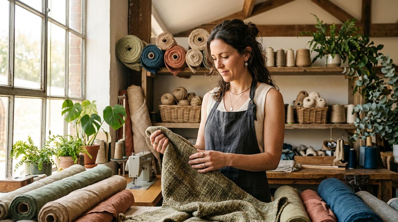 Femme examinant un tissu dans son atelier de tissage