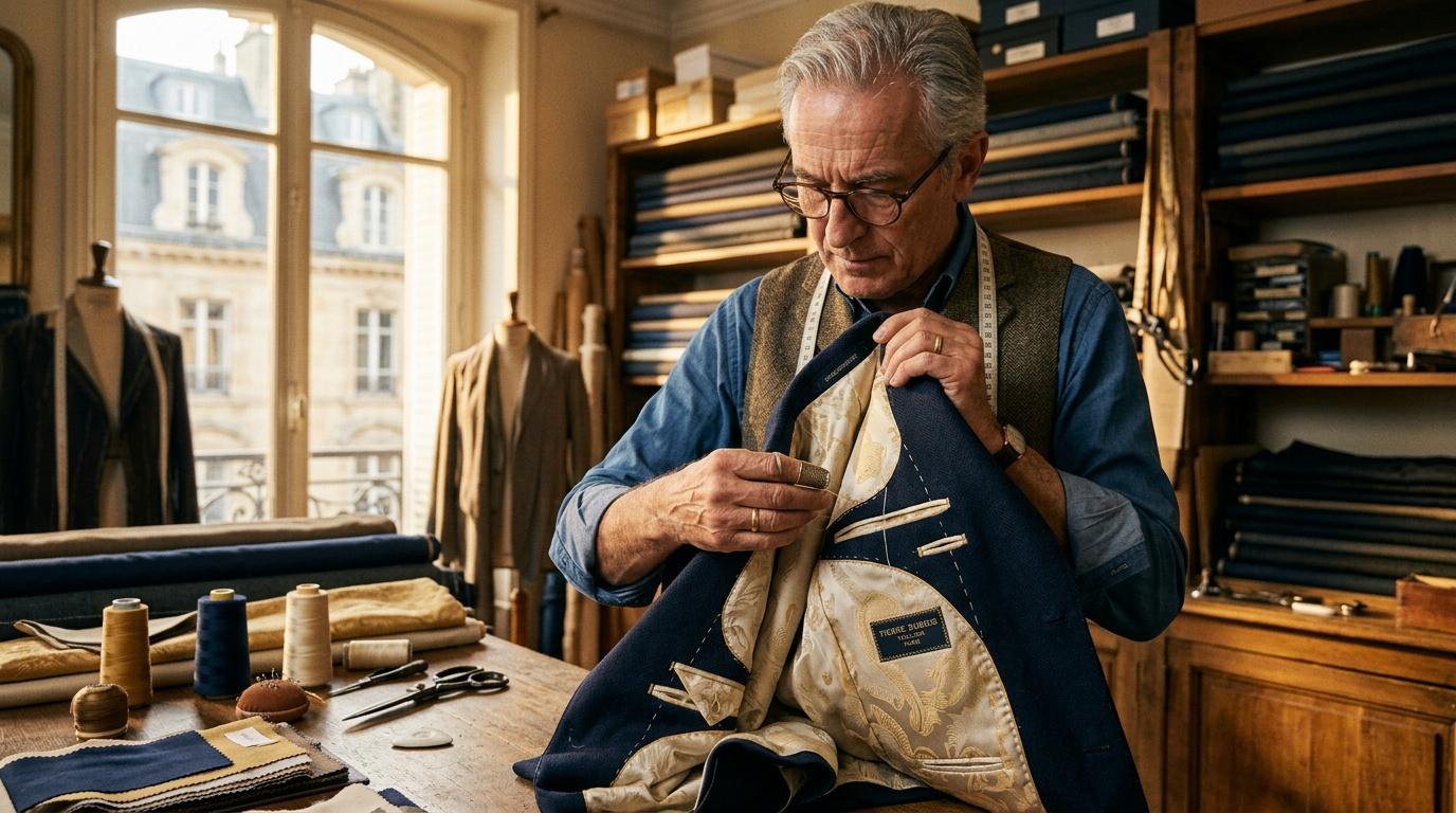 Artisan &acirc;g&eacute; cousant un v&ecirc;tement dans atelier parisien &eacute;l&eacute;gant