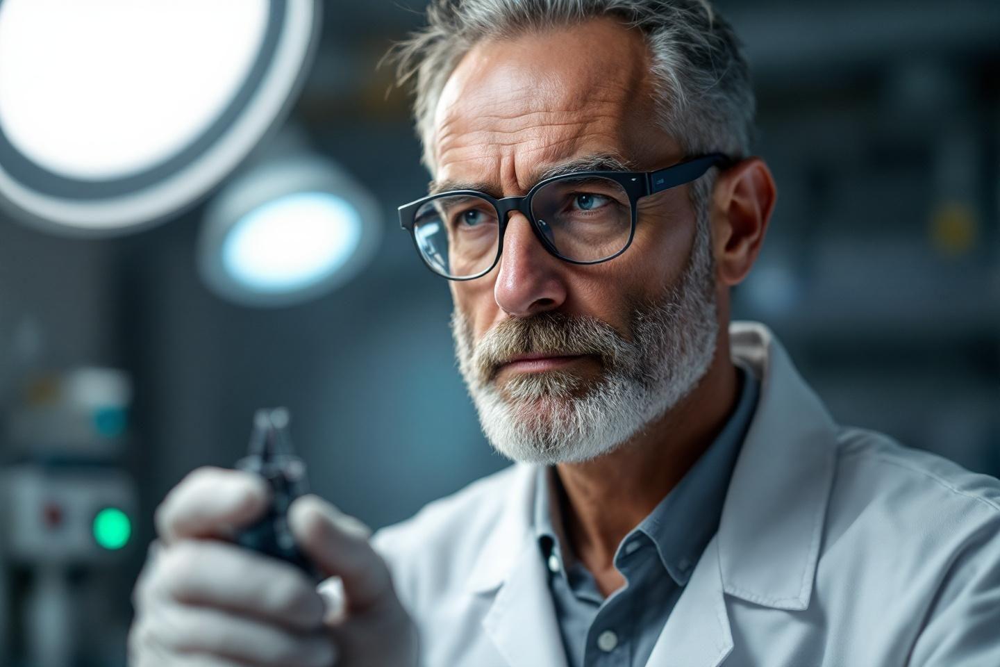 Chercheur &acirc;g&eacute; portant une blouse blanche et des lunettes