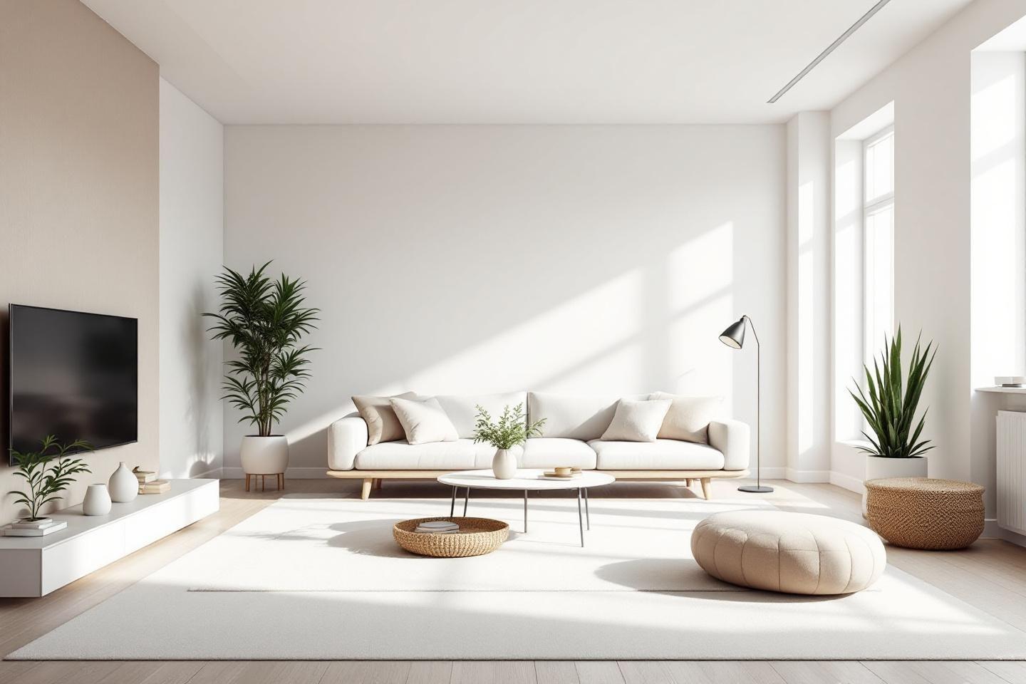 Int&eacute;rieur &eacute;pur&eacute; avec canap&eacute;, plantes et mobilier moderne