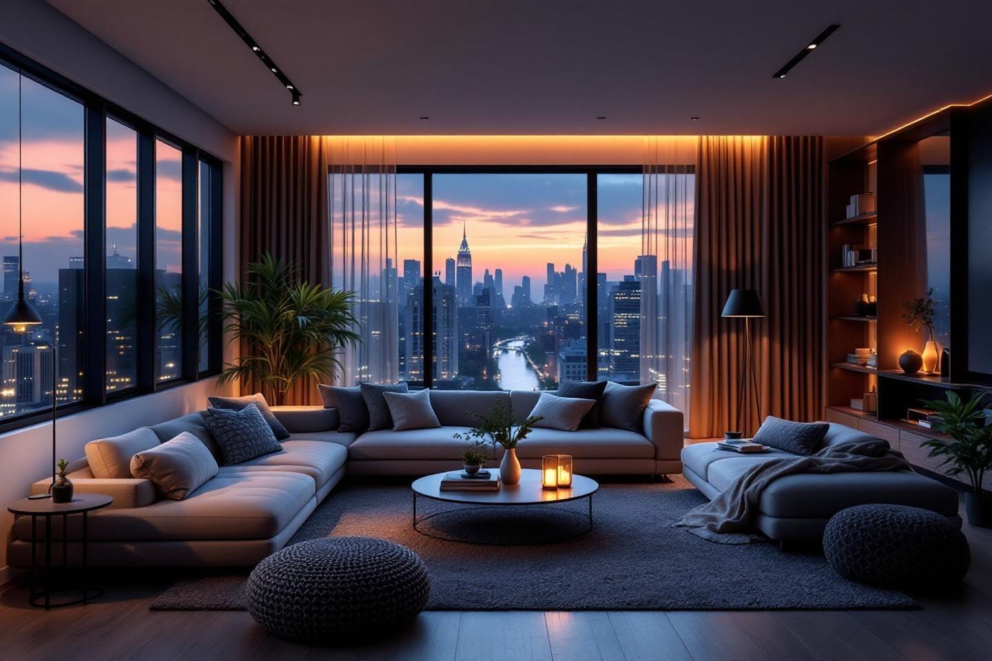 Int&eacute;rieur moderne avec canap&eacute;s et vue panoramique sur gratte-ciels