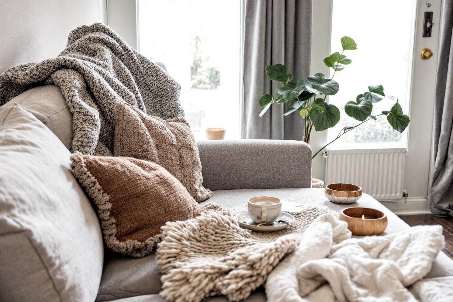 Canap&eacute; confortable avec couvertures, tasse et plante verte