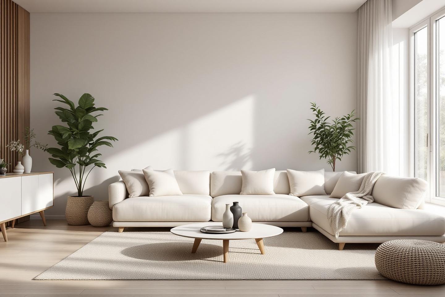 Int&eacute;rieur lumineux avec canap&eacute; blanc, plantes et mobilier moderne